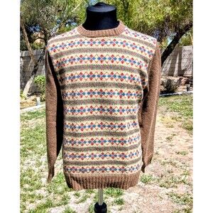 Fair Isle Vintage Puritan Thermax Brown Med USA-Made Wool/Polyester Sweater GUC